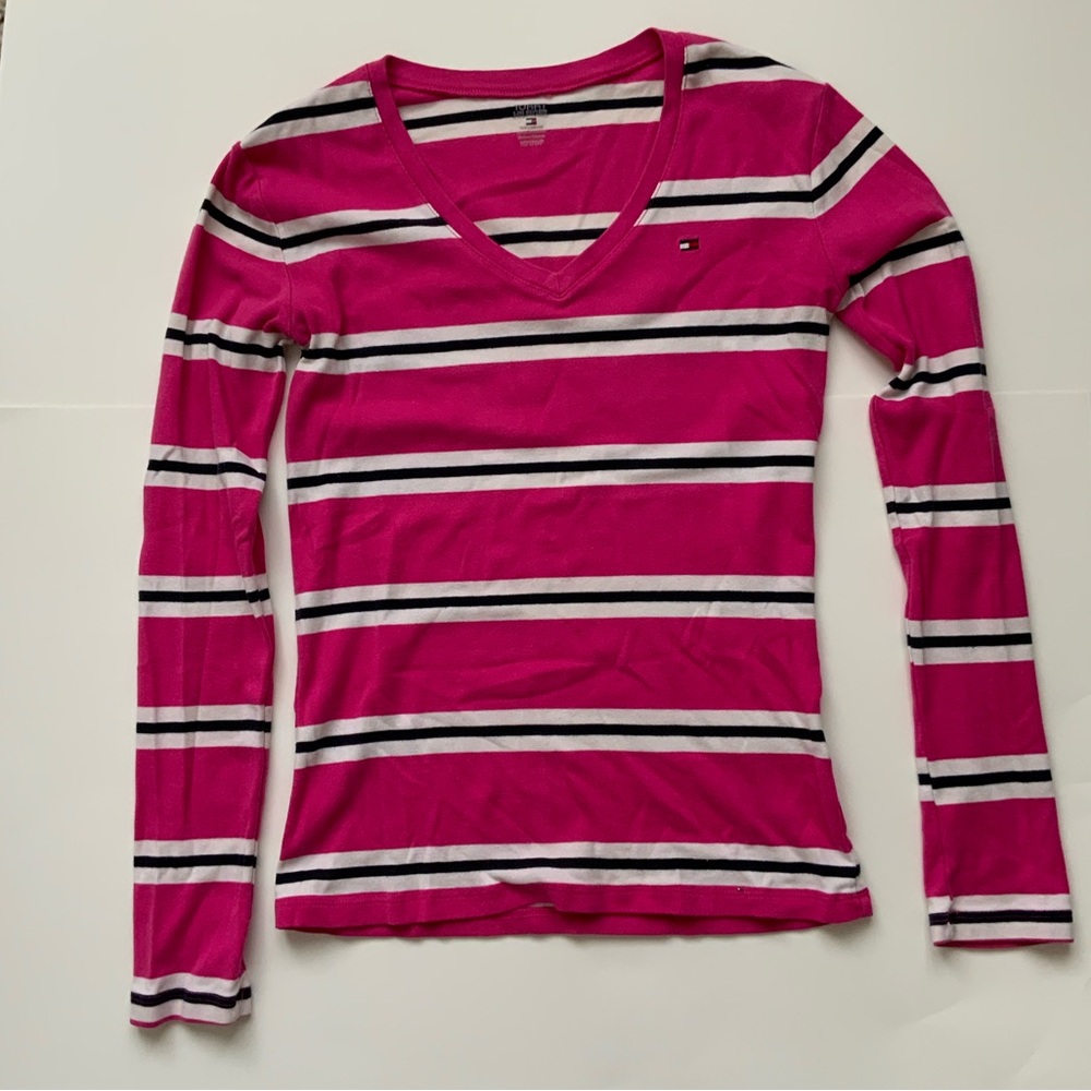 Tommy Hilfiger Women's Fuchsia and Black Striped Long Sleeve Tee